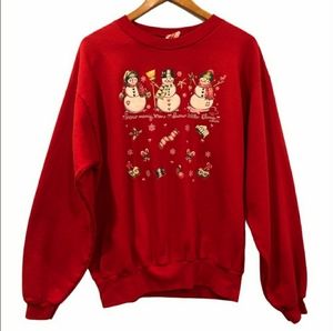 Vintage Ugly Christmas Sweater Snowmen Red Large